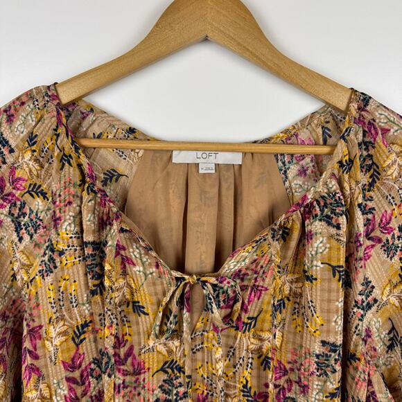 Loft Womens Floral Tie Neck Blouse in Amber Sz M Office Boho Casual Peasant Fall - Picture 5 of 16